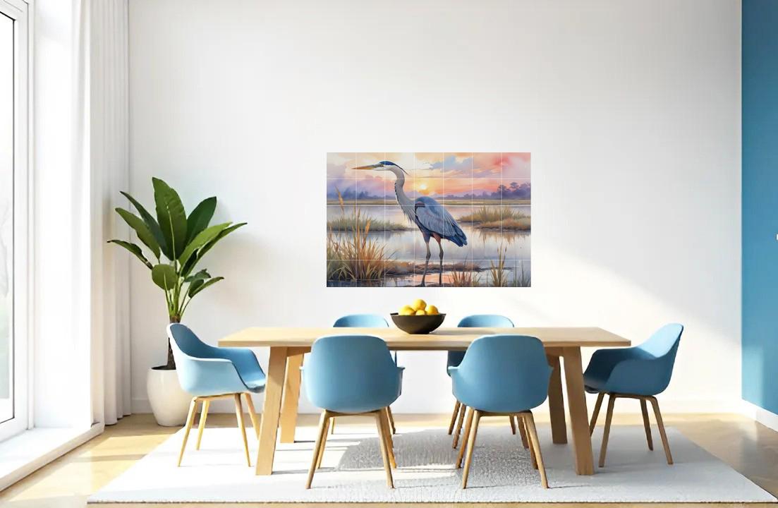 Blue Heron Tile Mural – Glossy Ceramic Bird Wall Art, Sunset Lake Nature Scene