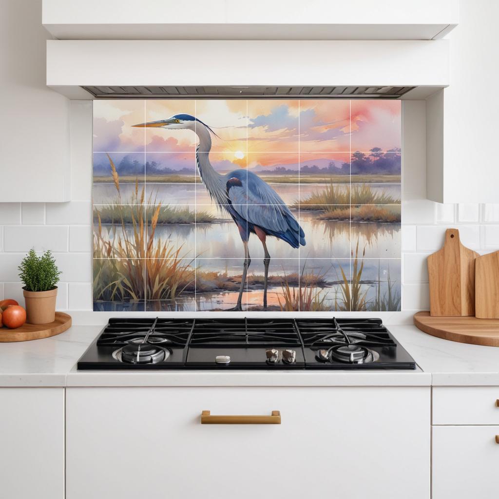 Blue Heron Tile Mural – Glossy Ceramic Bird Wall Art, Sunset Lake Nature Scene