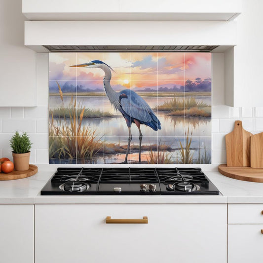 Blue Heron Tile Mural – Glossy Ceramic Bird Wall Art, Sunset Lake Nature Scene