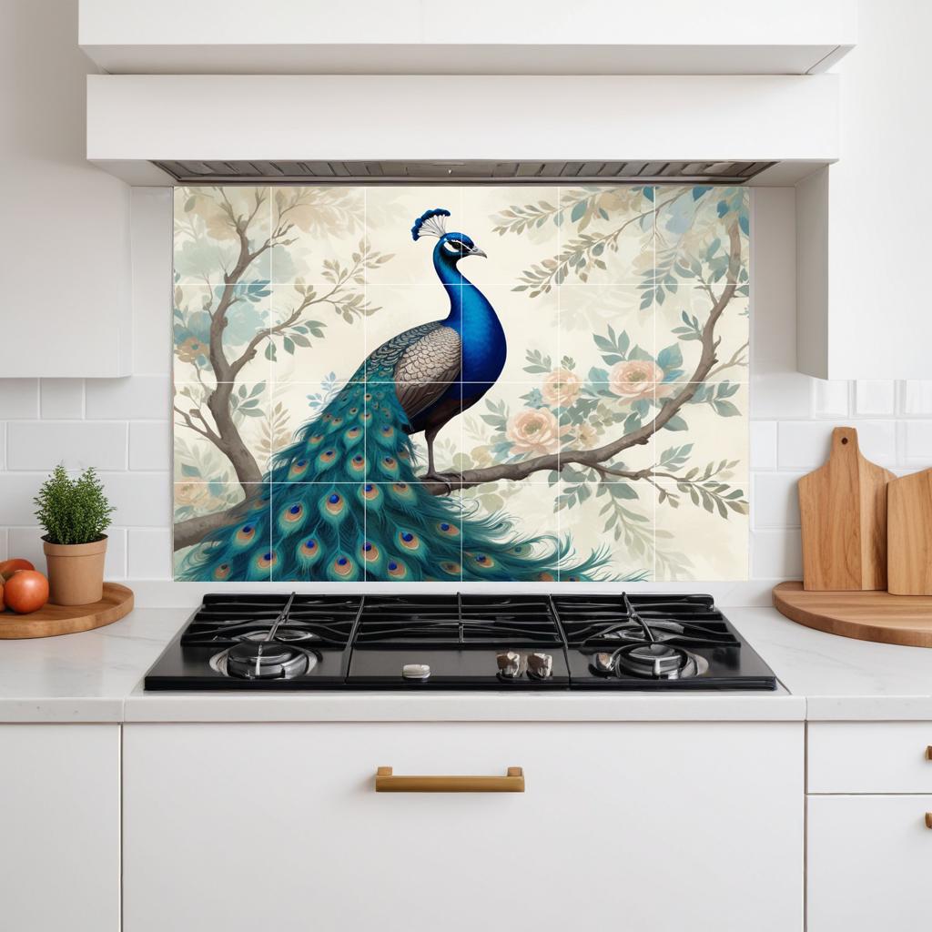 Peacock Floral Tile Mural – Botanical Bird Ceramic Wall Art, Elegant Nature Bathroom & Kitchen Backsplash