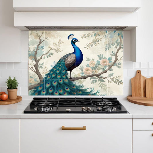 Peacock Floral Tile Mural – Botanical Bird Ceramic Wall Art, Elegant Nature Bathroom & Kitchen Backsplash