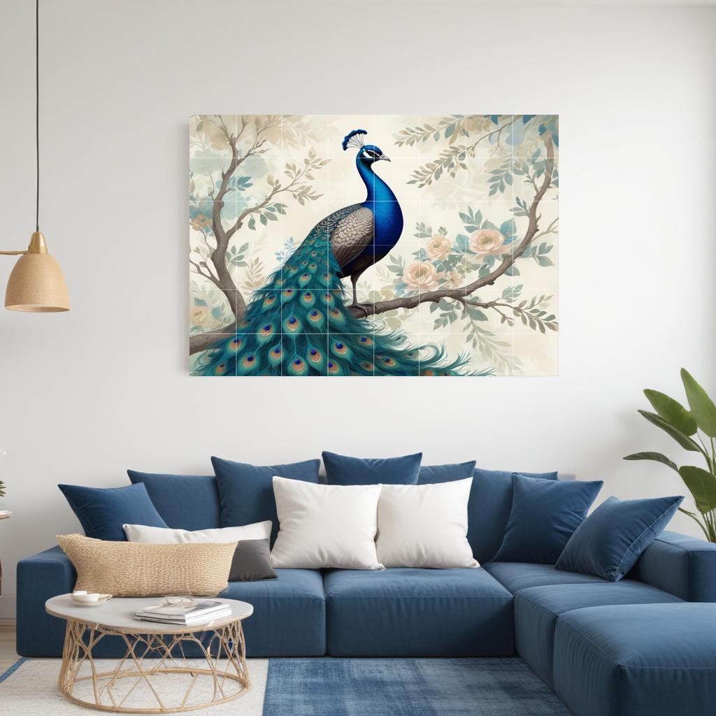 Peacock Floral Tile Mural – Botanical Bird Ceramic Wall Art, Elegant Nature Bathroom & Kitchen Backsplash