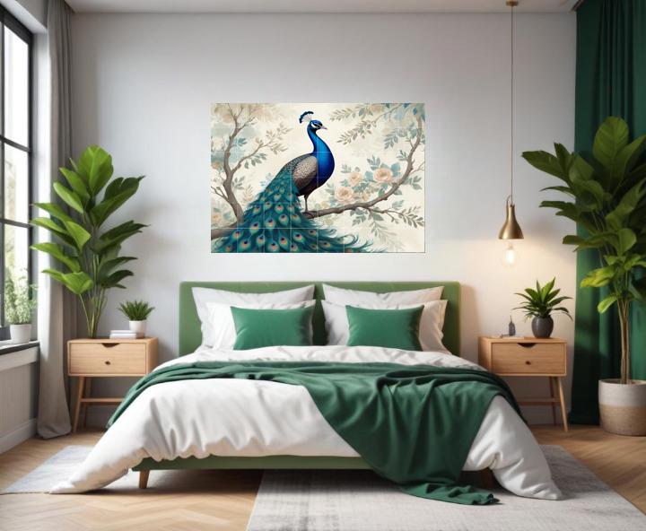 Peacock Floral Tile Mural – Botanical Bird Ceramic Wall Art, Elegant Nature Bathroom & Kitchen Backsplash