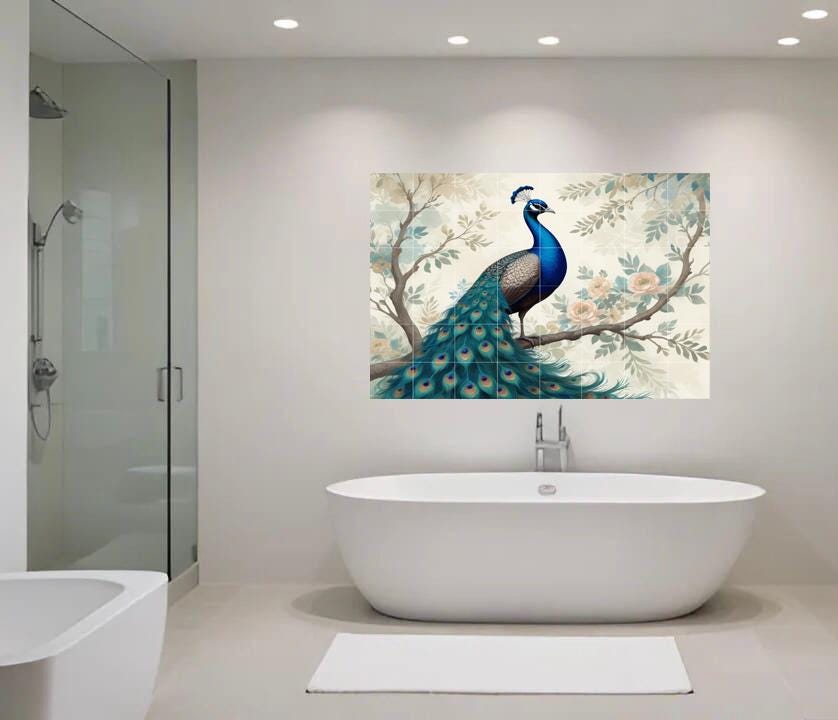 Peacock Floral Tile Mural – Botanical Bird Ceramic Wall Art, Elegant Nature Bathroom & Kitchen Backsplash