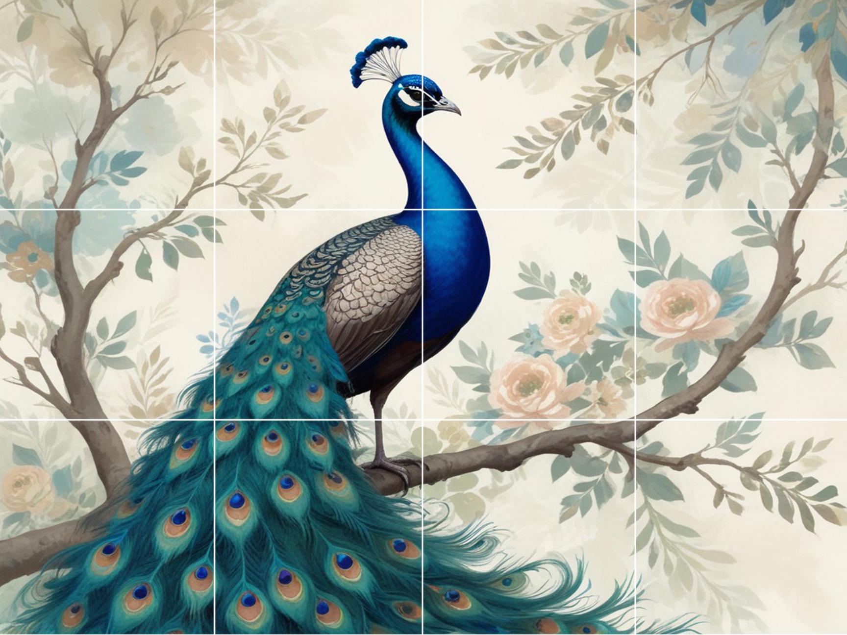 Peacock Floral Tile Mural – Botanical Bird Ceramic Wall Art, Elegant Nature Bathroom & Kitchen Backsplash
