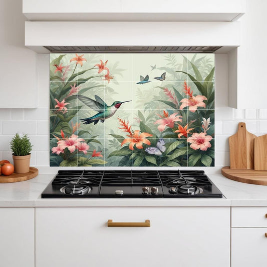 Hummingbird Hibiscus Bird Tile Mural – Tropical Kitchen Backsplash Botanical Wall Art