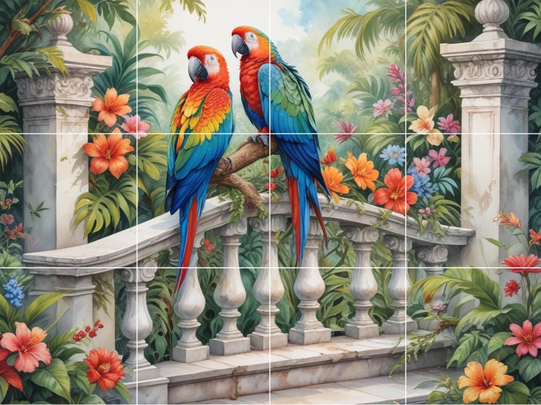 Parrot Bird Tile Mural – Tropical Botanical Ceramic Jungle Wall Art