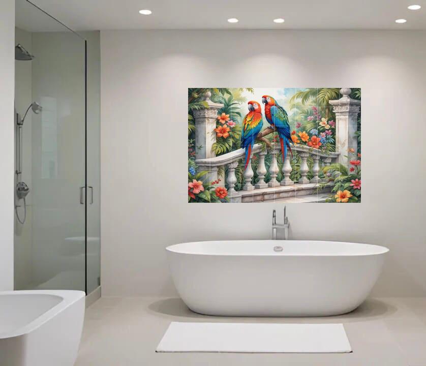 Parrot Bird Tile Mural – Tropical Botanical Ceramic Jungle Wall Art