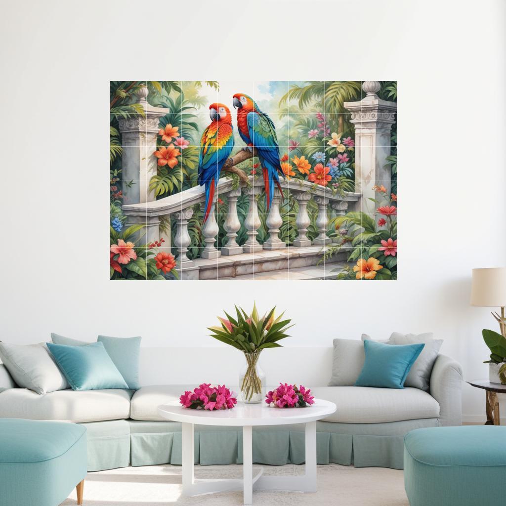 Parrot Bird Tile Mural – Tropical Botanical Ceramic Jungle Wall Art
