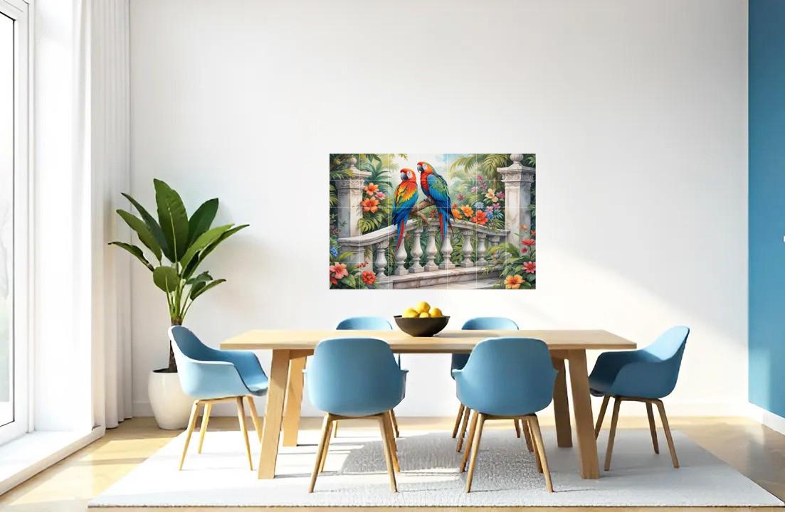 Parrot Bird Tile Mural – Tropical Botanical Ceramic Jungle Wall Art
