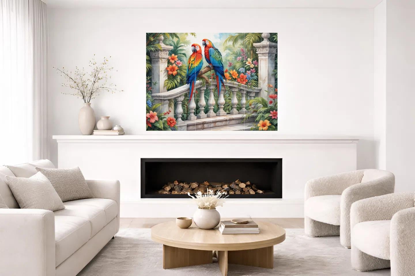 Parrot Bird Tile Mural – Tropical Botanical Ceramic Jungle Wall Art