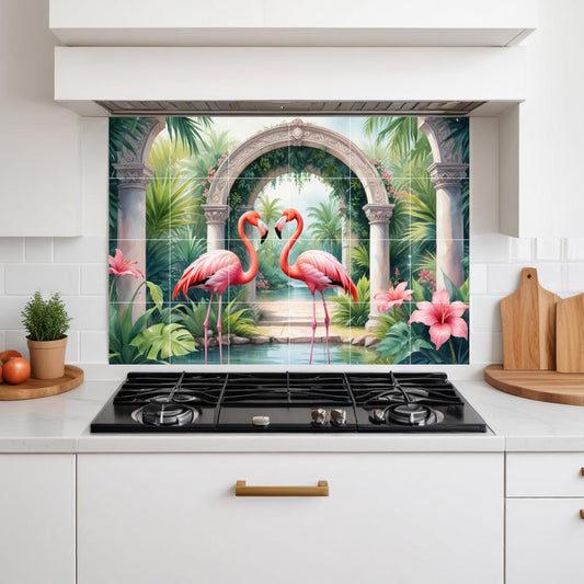 Flamingo Tile Mural – Tropical Bird Ceramic Wall Art, Botanical Jungle Garden Bathroom & Kitchen Backsplash