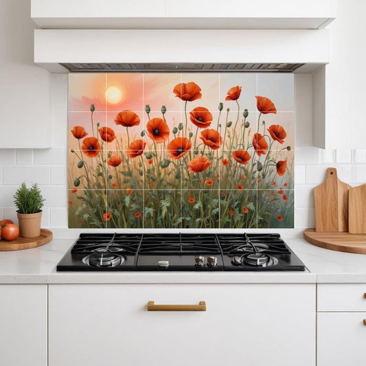 Poppy Field Flower Tile Mural – Sunset Floral Ceramic Backsplash Botanical Wall Art