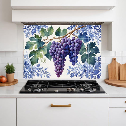 Fruit Tile Mural – Grape Botanical Ceramic Wall Art, Italian Kitchen Backsplash & Mediterranean Bathroom Decor