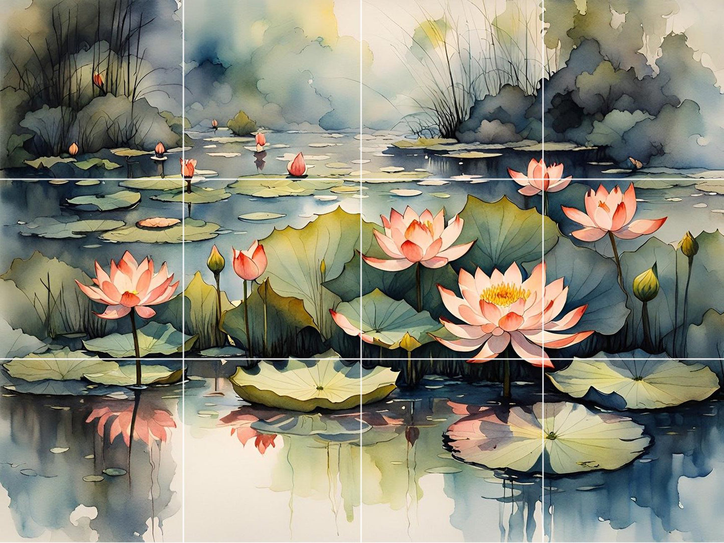 Lotus Flower Tile Mural – Zen Botanical Ceramic Wall Art, Spa Bathroom & Kitchen Backsplash Decor