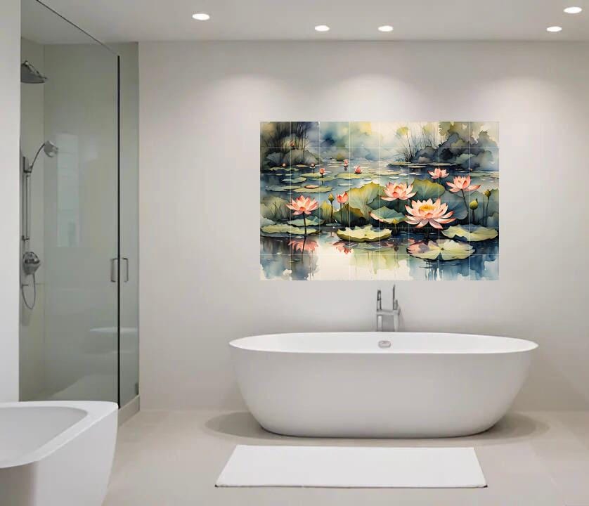 Lotus Flower Tile Mural – Zen Botanical Ceramic Wall Art, Spa Bathroom & Kitchen Backsplash Decor