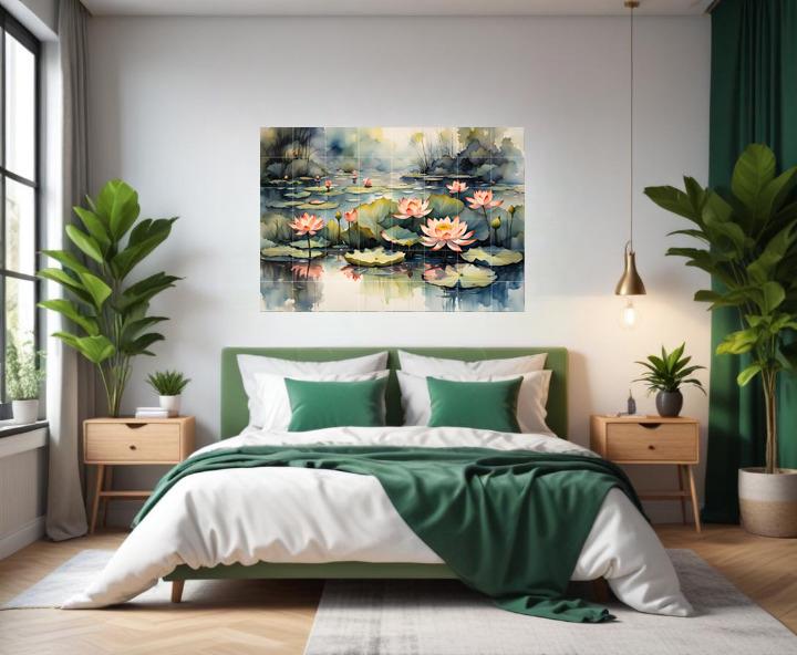 Lotus Flower Tile Mural – Zen Botanical Ceramic Wall Art, Spa Bathroom & Kitchen Backsplash Decor