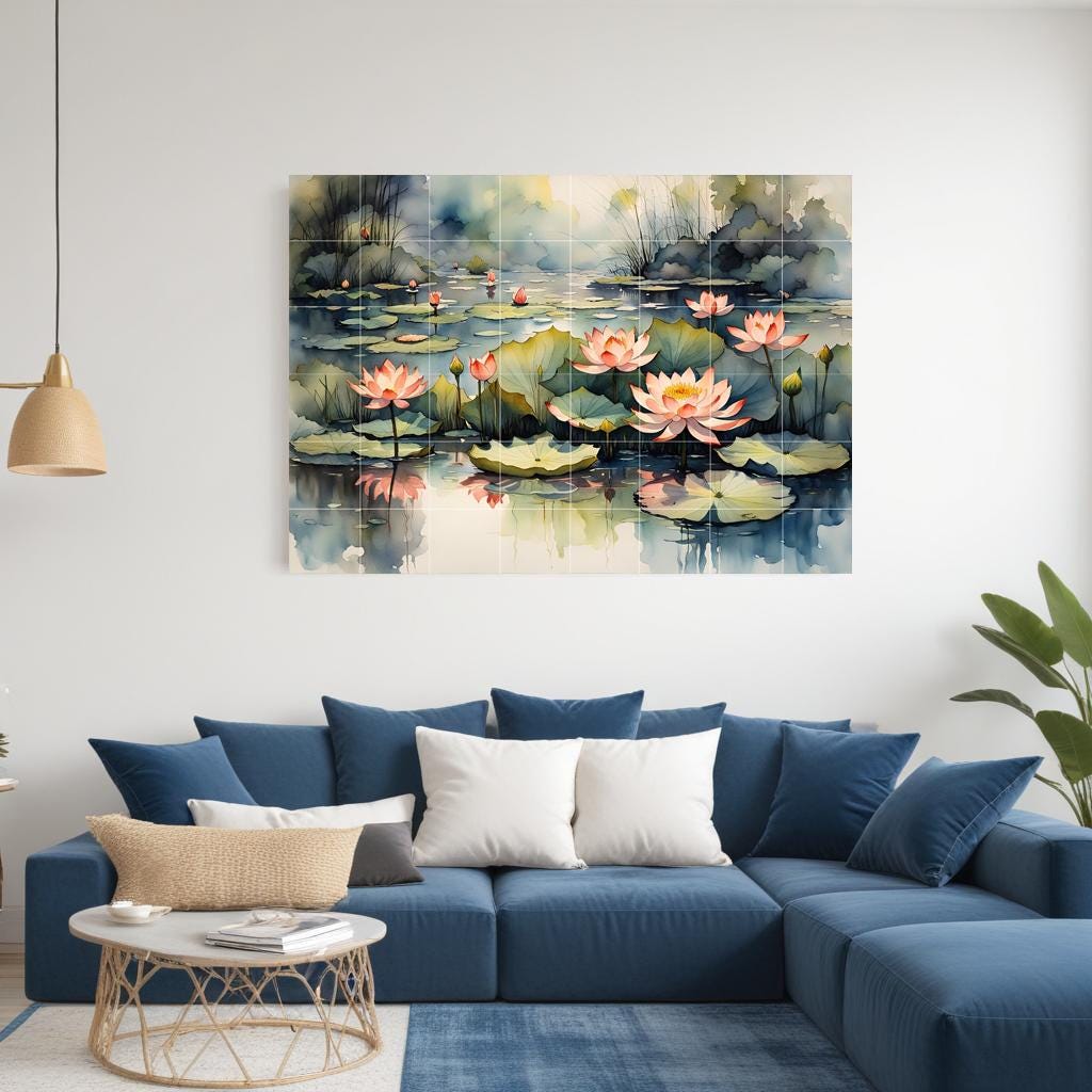 Lotus Flower Tile Mural – Zen Botanical Ceramic Wall Art, Spa Bathroom & Kitchen Backsplash Decor