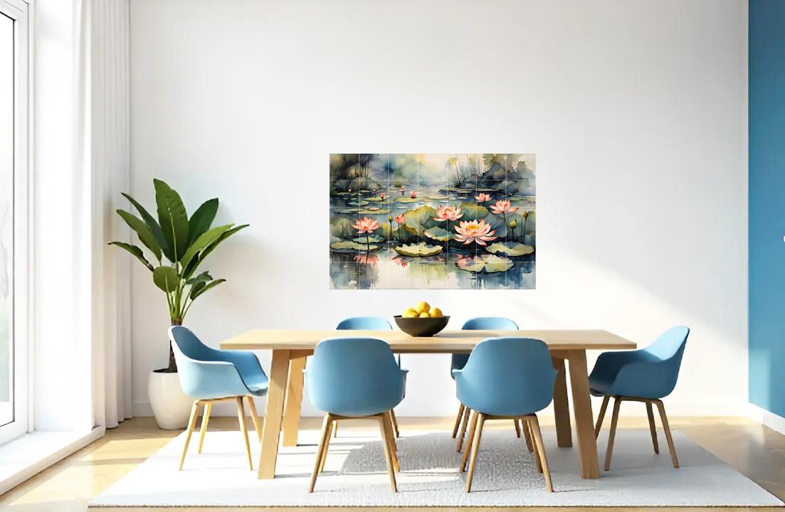 Lotus Flower Tile Mural – Zen Botanical Ceramic Wall Art, Spa Bathroom & Kitchen Backsplash Decor