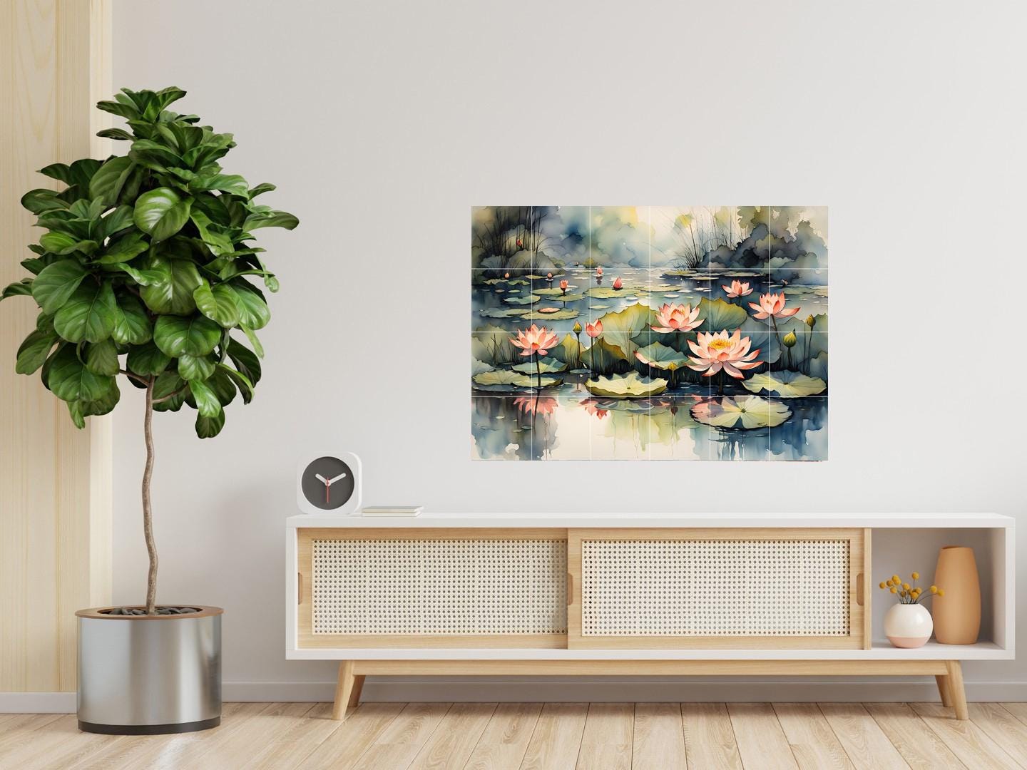 Lotus Flower Tile Mural – Zen Botanical Ceramic Wall Art, Spa Bathroom & Kitchen Backsplash Decor