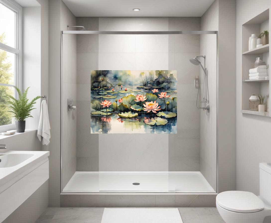 Lotus Flower Tile Mural – Zen Botanical Ceramic Wall Art, Spa Bathroom & Kitchen Backsplash Decor