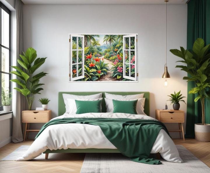 Tropical Palm Tree Tile Mural – Watercolor Garden Window View Coastal Botanical Wall Art