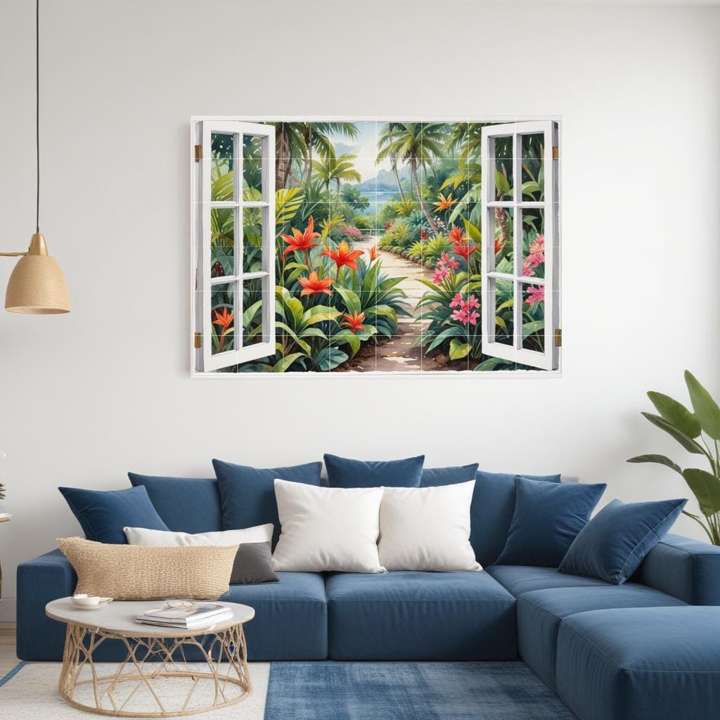 Tropical Palm Tree Tile Mural – Watercolor Garden Window View Coastal Botanical Wall Art