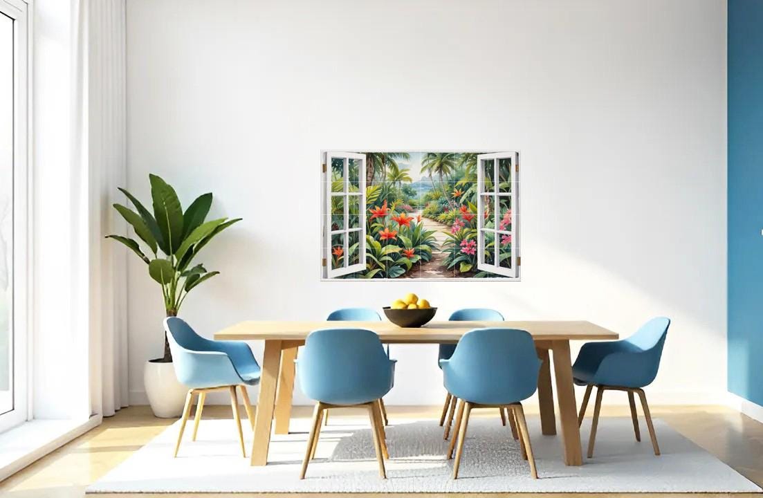 Tropical Palm Tree Tile Mural – Watercolor Garden Window View Coastal Botanical Wall Art