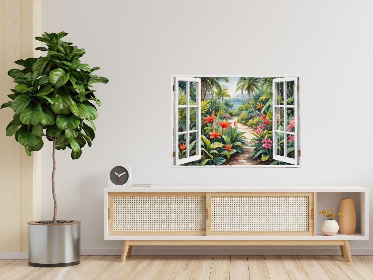 Tropical Palm Tree Tile Mural – Watercolor Garden Window View Coastal Botanical Wall Art