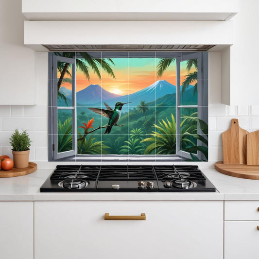 Hummingbird Tile Mural – Tropical Botanical Bird Wall Art, Window View Bathroom & Kitchen Backsplash Decor