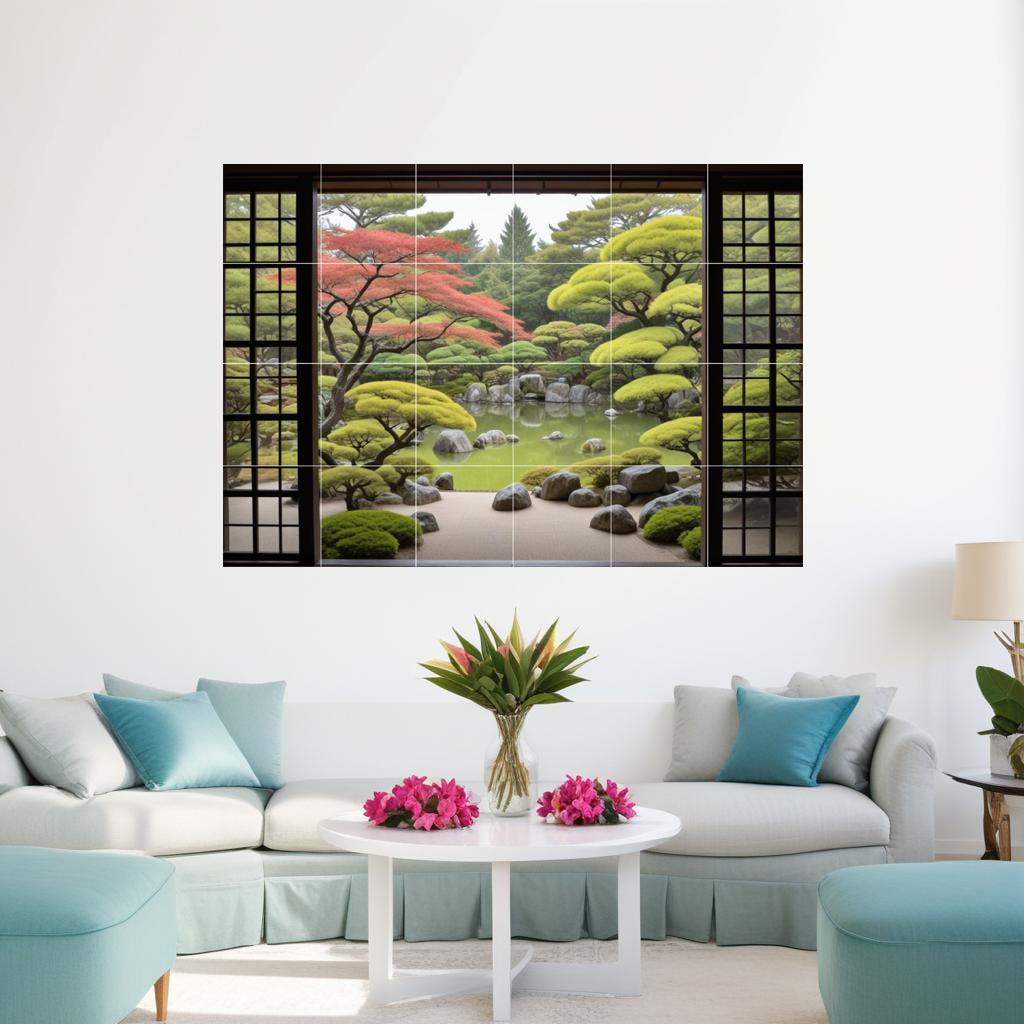 Zen Garden Tile Mural: Japanese Pond Nature Botanical Japan Wall Art