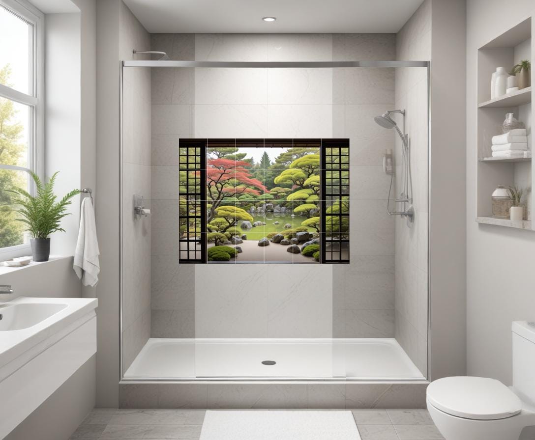 Zen Garden Tile Mural: Japanese Pond Nature Botanical Japan Wall Art