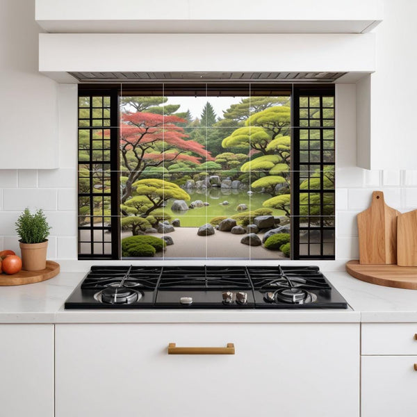 Zen Garden Tile Mural: Japanese Pond Nature Botanical Japan Wall Art