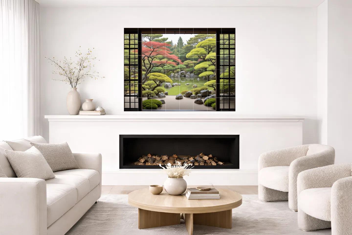 Zen Garden Tile Mural: Japanese Pond Nature Botanical Japan Wall Art