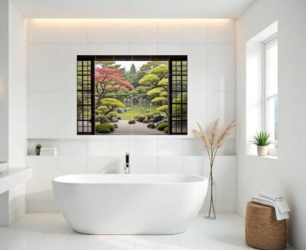 Zen Garden Tile Mural: Japanese Pond Nature Botanical Japan Wall Art