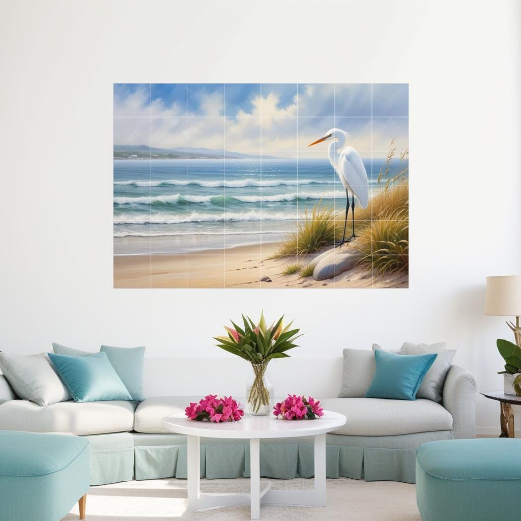 Heron Tile Mural – Coastal Bird Wall Art, Beach House Kitchen Backsplash Bathroom Ocean Decor