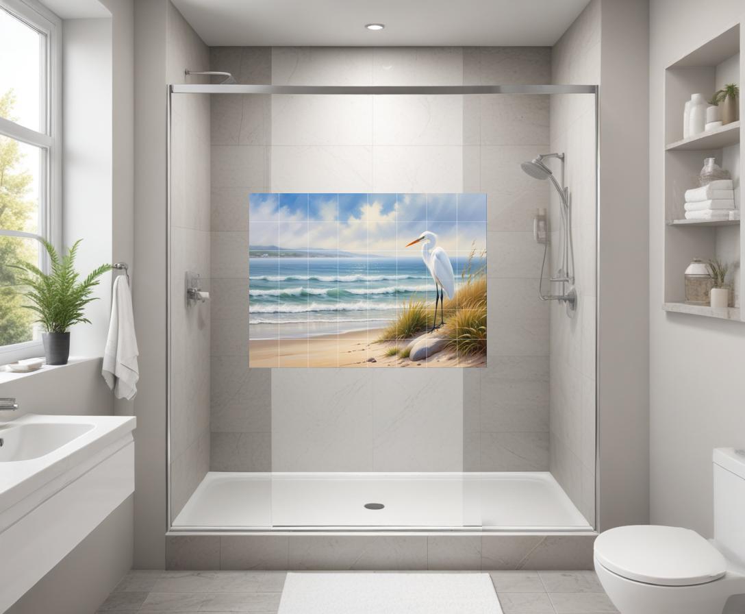 Heron Tile Mural – Coastal Bird Wall Art, Beach House Kitchen Backsplash Bathroom Ocean Decor