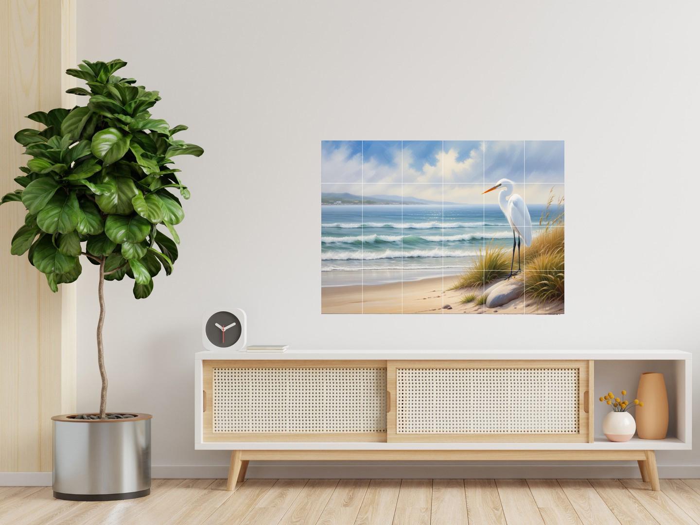 Heron Tile Mural – Coastal Bird Wall Art, Beach House Kitchen Backsplash Bathroom Ocean Decor