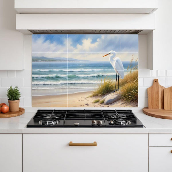 Heron Tile Mural – Coastal Bird Wall Art, Beach House Kitchen Backsplash Bathroom Ocean Decor