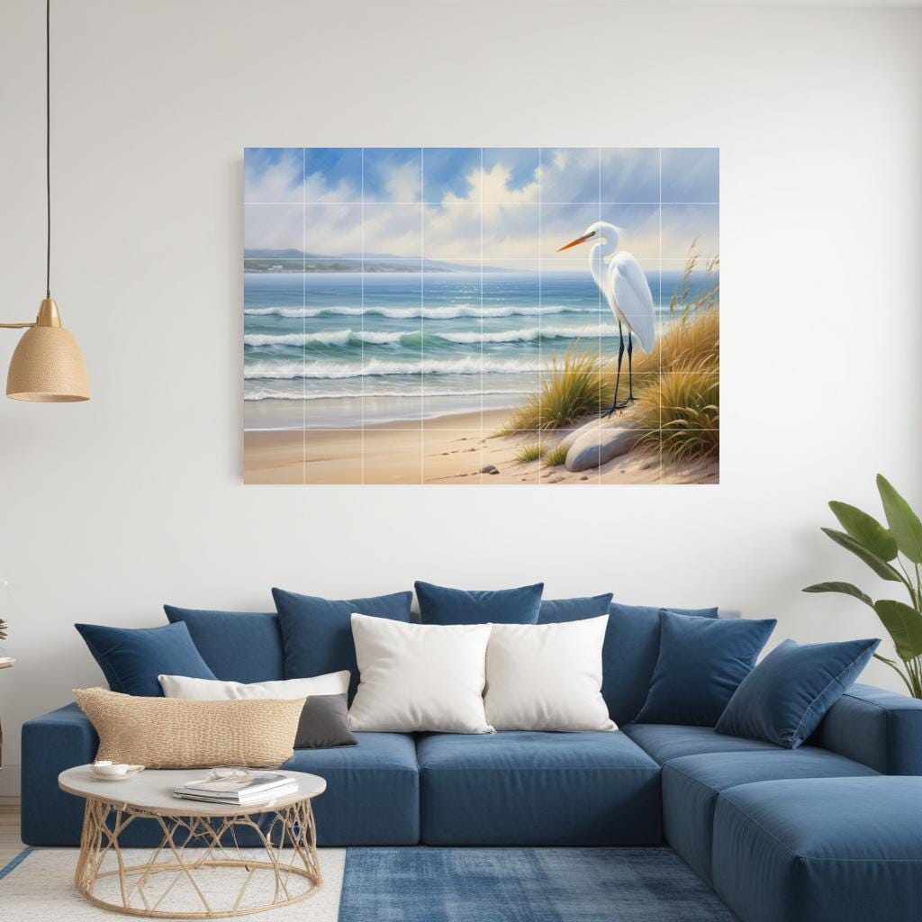Heron Tile Mural – Coastal Bird Wall Art, Beach House Kitchen Backsplash Bathroom Ocean Decor