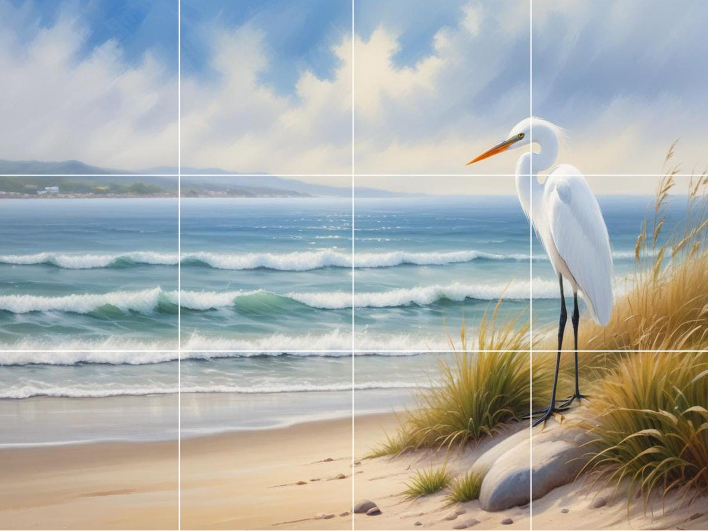 Heron Tile Mural – Coastal Bird Wall Art, Beach House Kitchen Backsplash Bathroom Ocean Decor