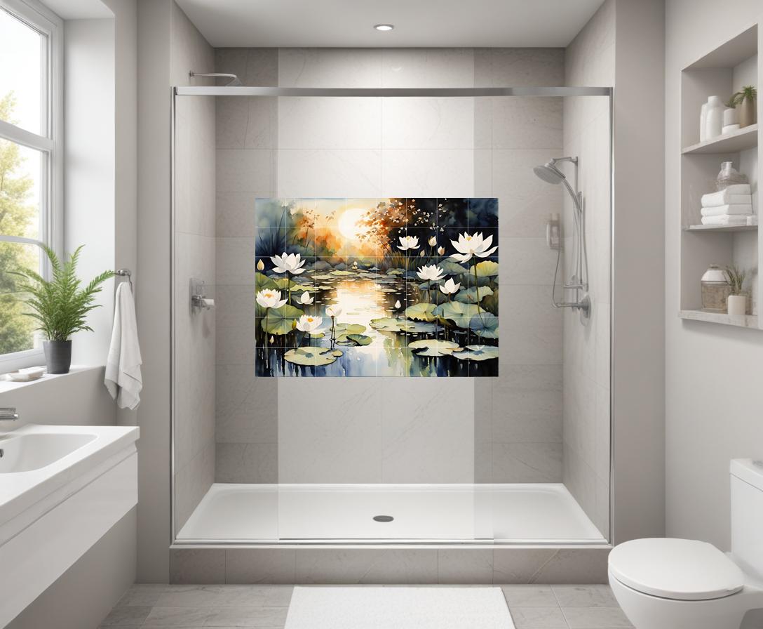 Lotus Pond Ceramic Tile Mural – Zen Bathroom & Kitchen Backsplash Botanical Wall Art