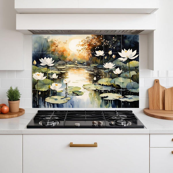 Lotus Pond Ceramic Tile Mural – Zen Bathroom & Kitchen Backsplash Botanical Wall Art
