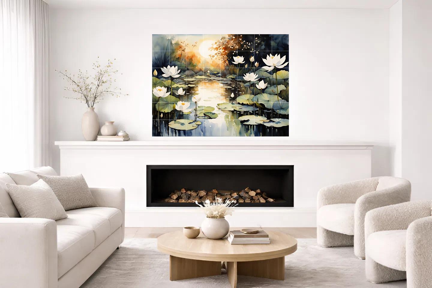 Lotus Pond Ceramic Tile Mural – Zen Bathroom & Kitchen Backsplash Botanical Wall Art