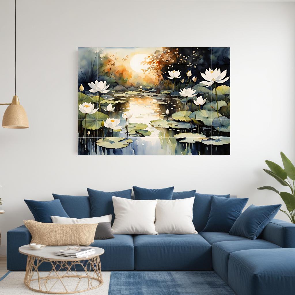 Lotus Pond Ceramic Tile Mural – Zen Bathroom & Kitchen Backsplash Botanical Wall Art