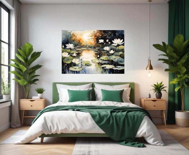 Lotus Pond Ceramic Tile Mural – Zen Bathroom & Kitchen Backsplash Botanical Wall Art