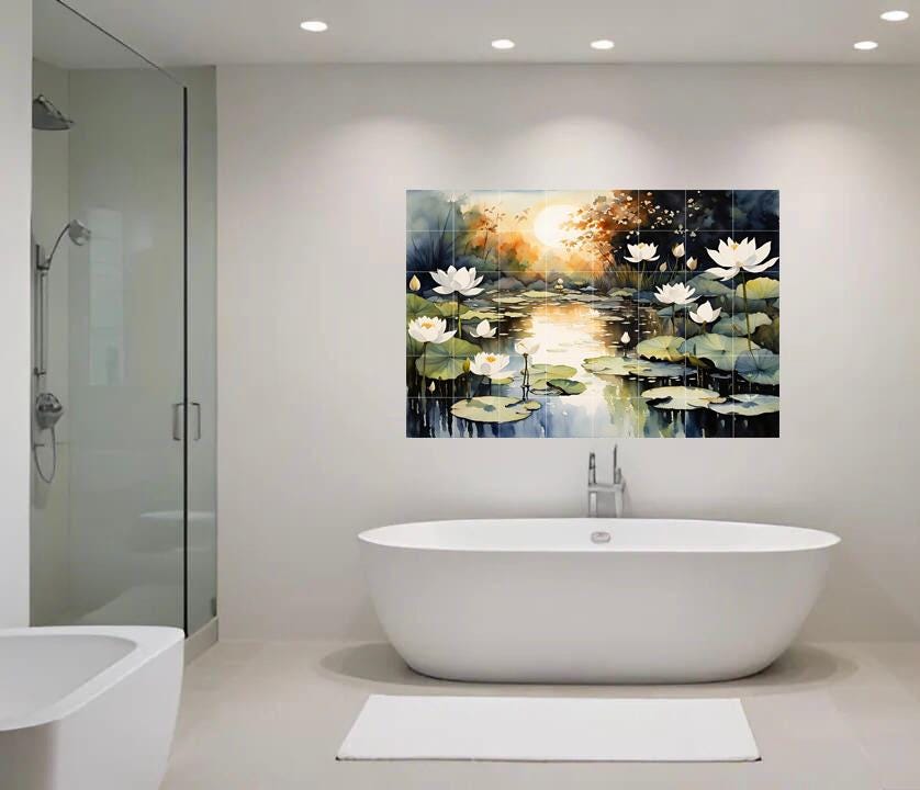 Lotus Pond Ceramic Tile Mural – Zen Bathroom & Kitchen Backsplash Botanical Wall Art