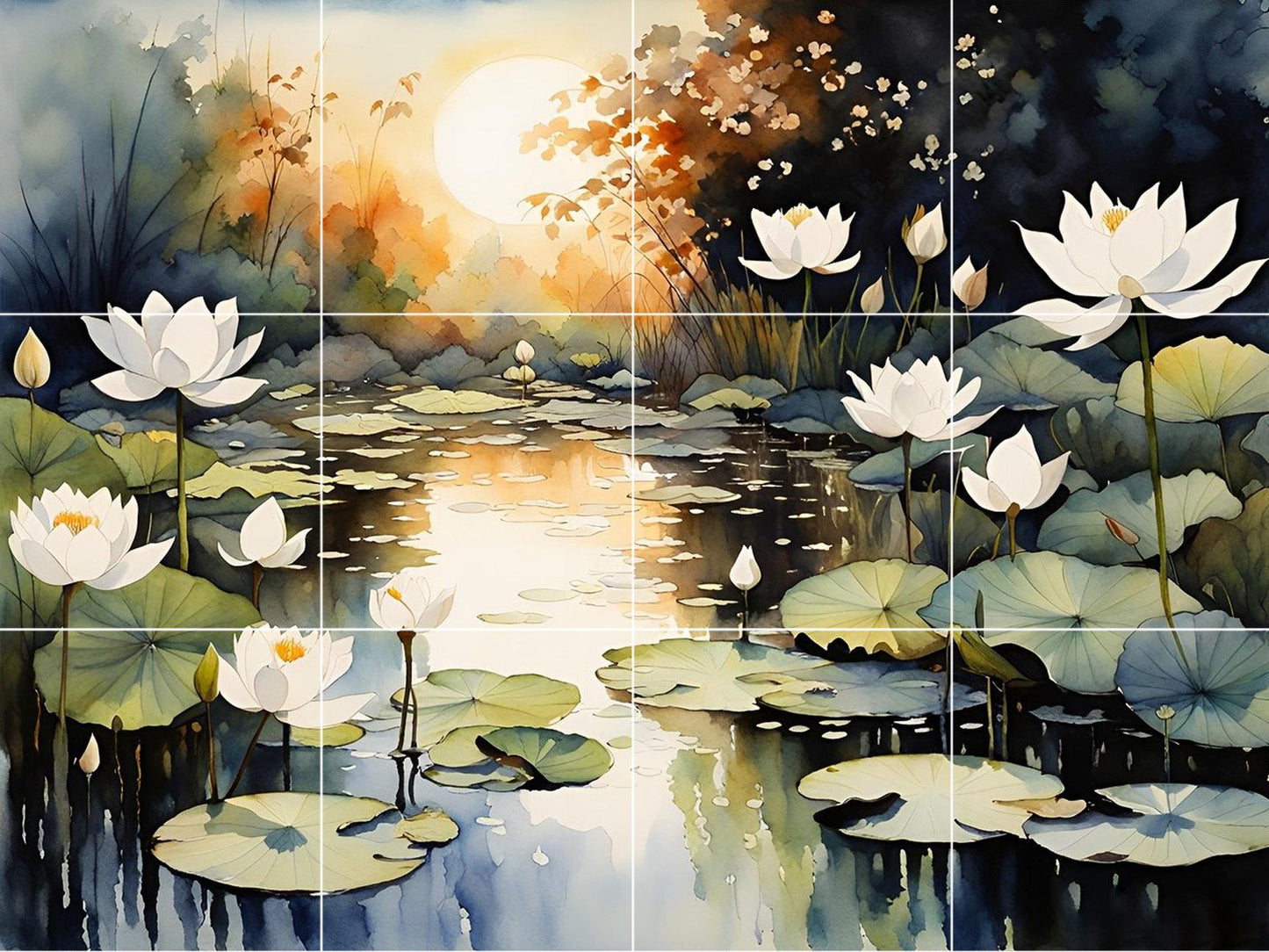 Lotus Pond Ceramic Tile Mural – Zen Bathroom & Kitchen Backsplash Botanical Wall Art
