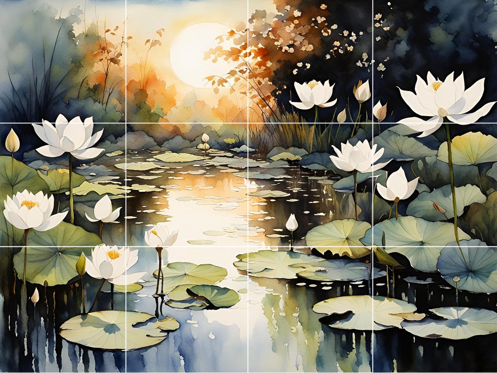 Lotus Pond Ceramic Tile Mural – Zen Bathroom & Kitchen Backsplash Botanical Wall Art