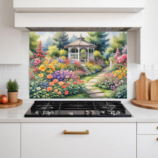 Flower Tile Mural – Botanical Garden Watercolor Ceramic Wall Art, Floral Bathroom & Kitchen Backsplash Decor